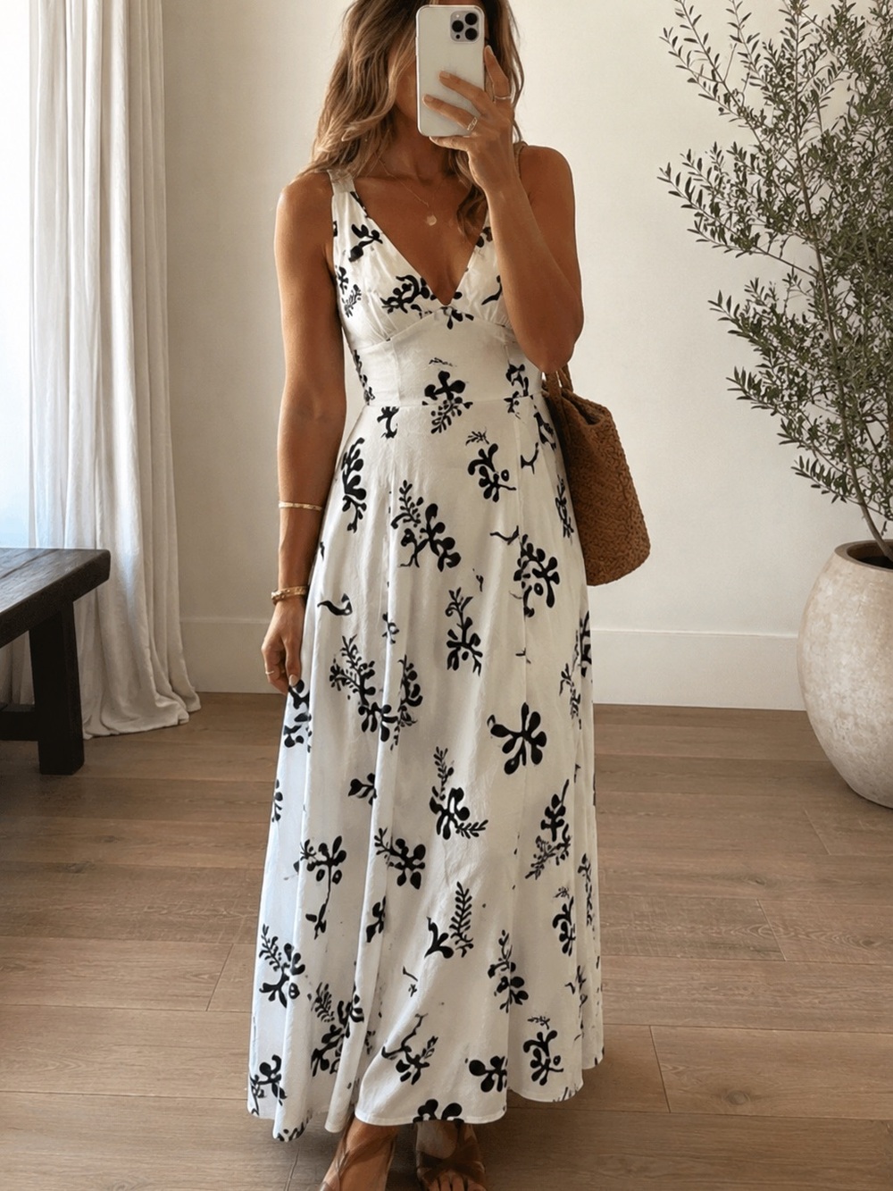 NWT Paper Heart 100% Linen Black & White Abstract Print Maxi Dress Size M
